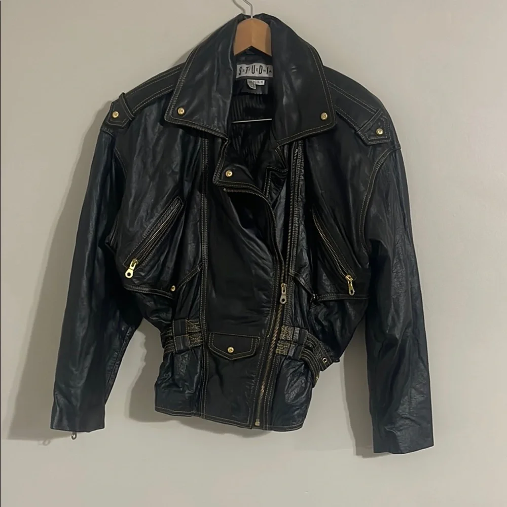 Studio sienna Vintage Black Leather Motorcycle Jacket Gold Detail Women's - Picture 2 of 8